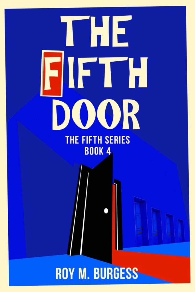 The Fifth Door cover. Black open door on a blue background